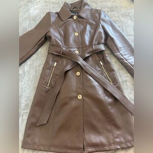 GUESS Est. 1981 Brown Belted Faux Leather Trench Coat Medium Long Classic Trench
